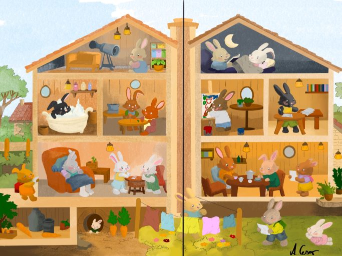 Kinderbuchdoppelseite Illustration "Hoppelhaushälfte"