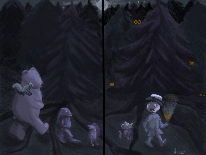 Kinderbuchillustration Doppelseite "Walszene"